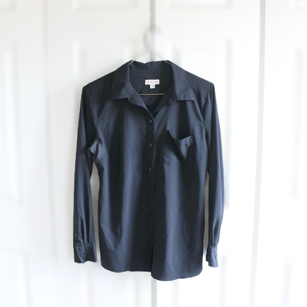 Merona Black Long Sleeve Women's Button Down Shirt Front Pocket